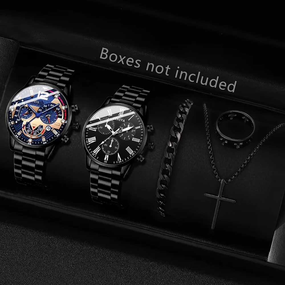 5Pcs Black Men's Watch Set Fashion Business Classic Quartz Watch Bracelet Necklace Ring Set Suitable for Daily Clothing Matching
5Pcs Black Men's Watch Set Fashion Business Classic Quartz Watch Bracelet Necklace Ring Set Suitable for Daily Clothing Matching