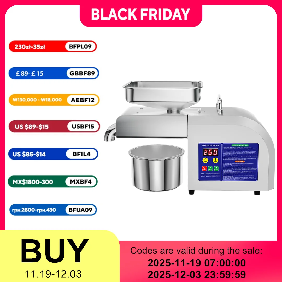 Electric Oil Press Machine, Cold/Hot Press for Coconut/Olive/Peanut, Automatic Stainless Steel Home Use Energy Saving Low Noise
Electric Oil Press Machine, Cold/Hot Press for Coconut/Olive/Peanut, Automatic Stainless Steel Home Use Energy Saving Low Noise