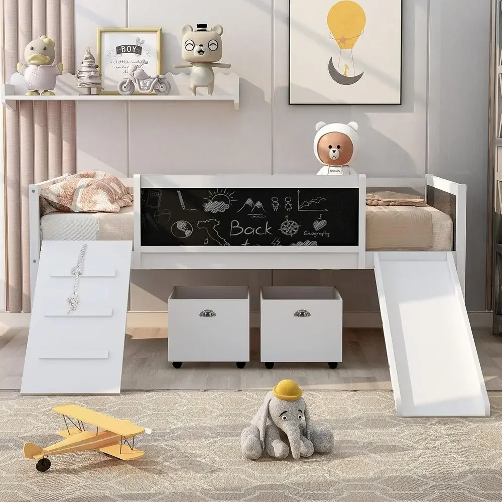 White Twin Bed with Slide, Wooden Kids' Bed, 2 Toy Boxes, Chalkboard, and Climbing Feature
White Twin Bed with Slide, Wooden Kids' Bed, 2 Toy Boxes, Chalkboard, and Climbing Feature