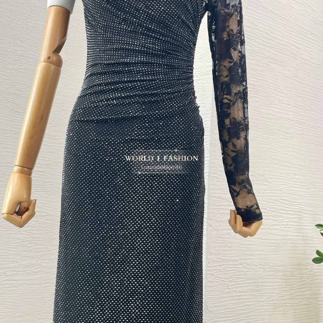 High Quality Women's Black Diamonds One Sided Sleeve Lace Patchwork Maxi Dress for Party
High Quality Women's Black Diamonds One Sided Sleeve Lace Patchwork Maxi Dress for Party