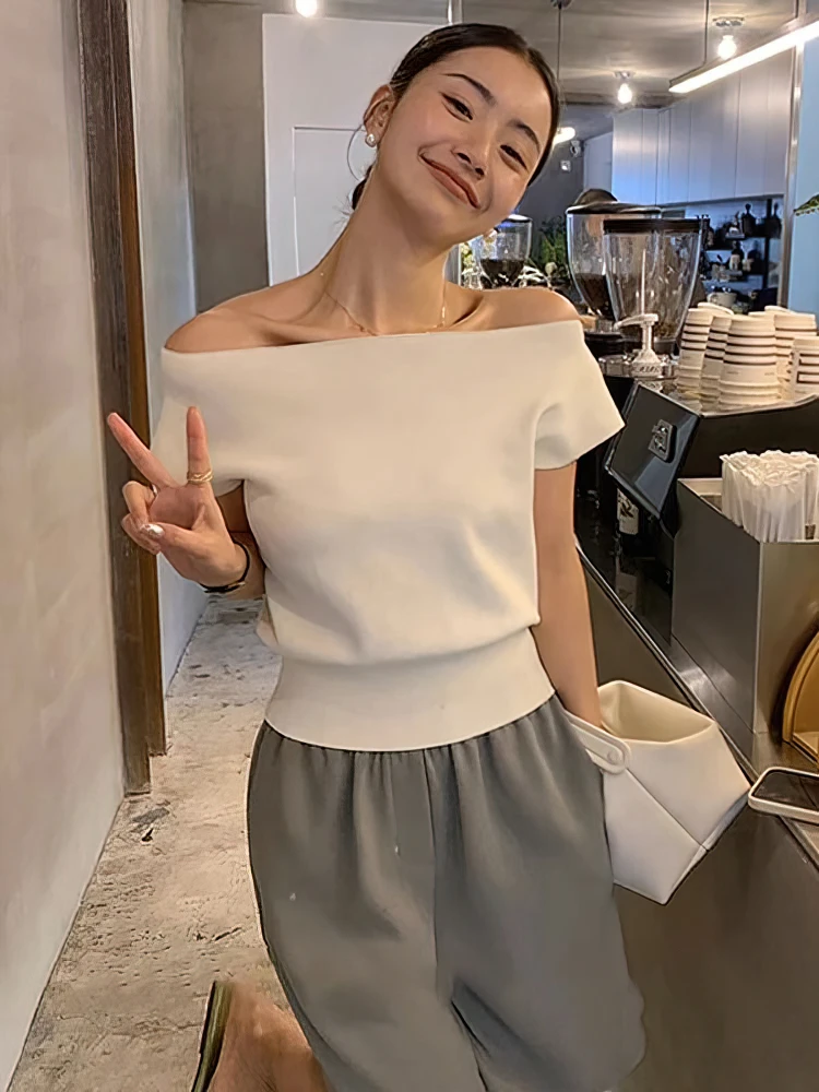 Ice Silk Knitted Off shoulder Short sleeve T shirt Women Elegant Youth Summer Crop Top Korean Chic Holiday Lady Casual Tee 2025
Ice Silk Knitted Off shoulder Short sleeve T shirt Women Elegant Youth Summer Crop Top Korean Chic Holiday Lady Casual Tee 2025
