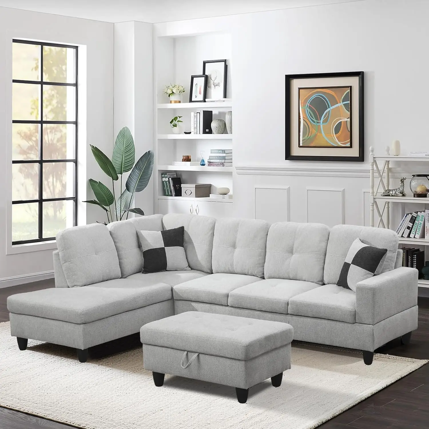 L-Shape Modular Sofa with Storage Ottoman, Sectional Set, Convertible, Solid Wood, High-Density Cushion, Soft Linen, Light Grey
L-Shape Modular Sofa with Storage Ottoman, Sectional Set, Convertible, Solid Wood, High-Density Cushion, Soft Linen, Light Grey