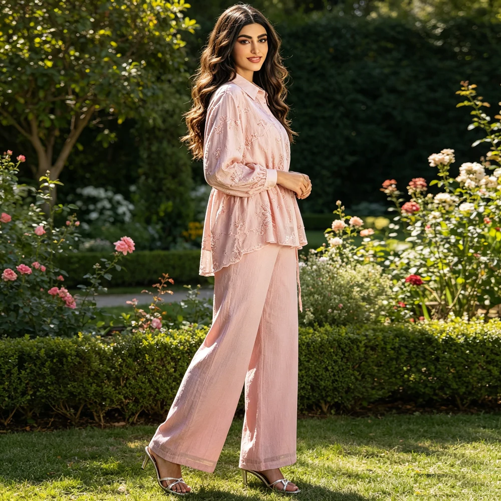 Sequin Embroidery Muslim 2 Piece Set Women Lapel Long Sleeve Top Wide Leg Pants Dubai Modest Islam Clothing Casual Party Outfits
Sequin Embroidery Muslim 2 Piece Set Women Lapel Long Sleeve Top Wide Leg Pants Dubai Modest Islam Clothing Casual Party Outfits