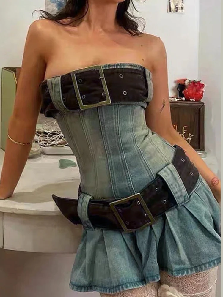 Vintage Women A-line Strapless Denim Skirts Cinching Waist Ruffle Hem Double Belts Jeans Short Dress Distressed Washed Fashion
Vintage Women A-line Strapless Denim Skirts Cinching Waist Ruffle Hem Double Belts Jeans Short Dress Distressed Washed Fashion