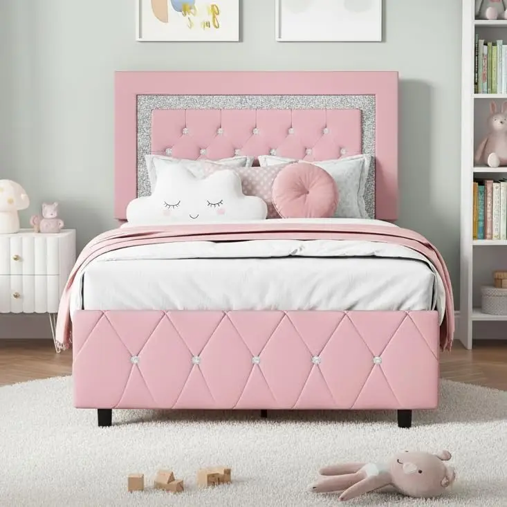 Twin Bed Frame with Headboard Faux Leather Upholstered Bed with Diamond Tufted Design Princess Twin Bed Frames for Kids No Box
Twin Bed Frame with Headboard Faux Leather Upholstered Bed with Diamond Tufted Design Princess Twin Bed Frames for Kids No Box