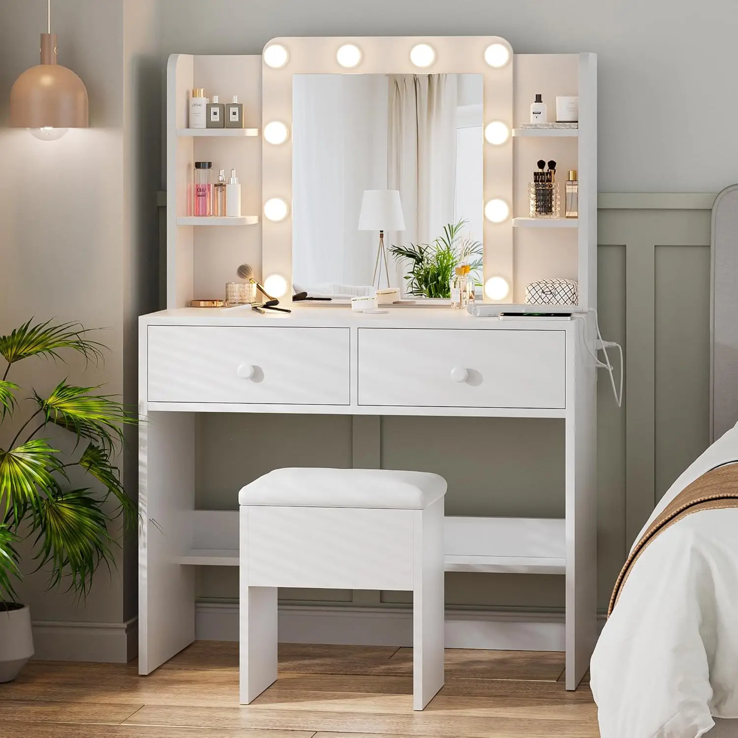 White Vanity Desk with Mirror LED Lights 3 Color Modes Power Outlets Storage Drawers Chair Bedroom, Customized
White Vanity Desk with Mirror LED Lights 3 Color Modes Power Outlets Storage Drawers Chair Bedroom, Customized