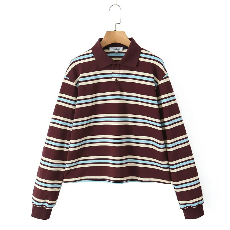 Striped Contrast Short Sleeve T-shirt Women Buttons Turndown Collar Tee Shirt Spring New Streetwear Vintage Chic Top Tees
Striped Contrast Short Sleeve T-shirt Women Buttons Turndown Collar Tee Shirt Spring New Streetwear Vintage Chic Top Tees