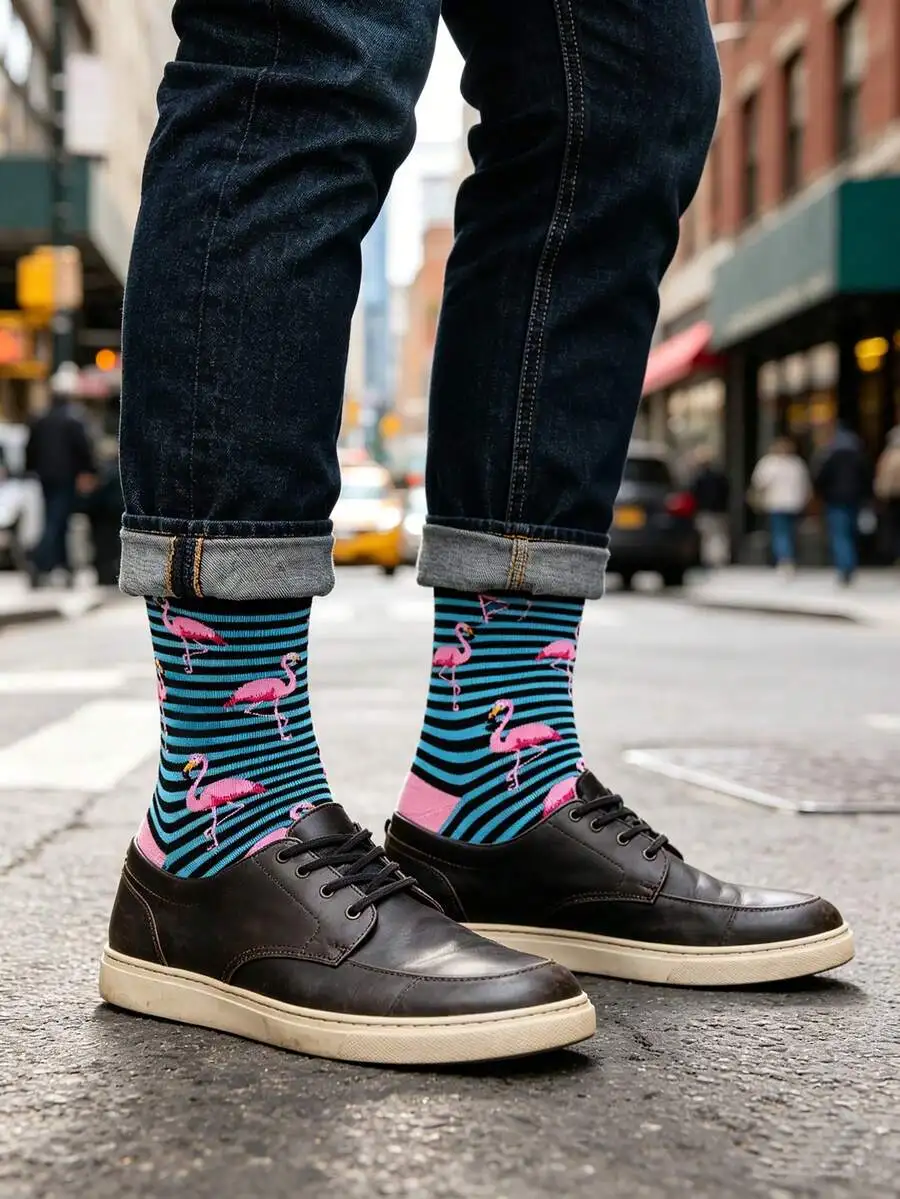 Mens Flamingo Print Striped Mid-Calf Socks, Retro Blue Black Pattern, Street Style Casual Socks
Mens Flamingo Print Striped Mid-Calf Socks, Retro Blue Black Pattern, Street Style Casual Socks