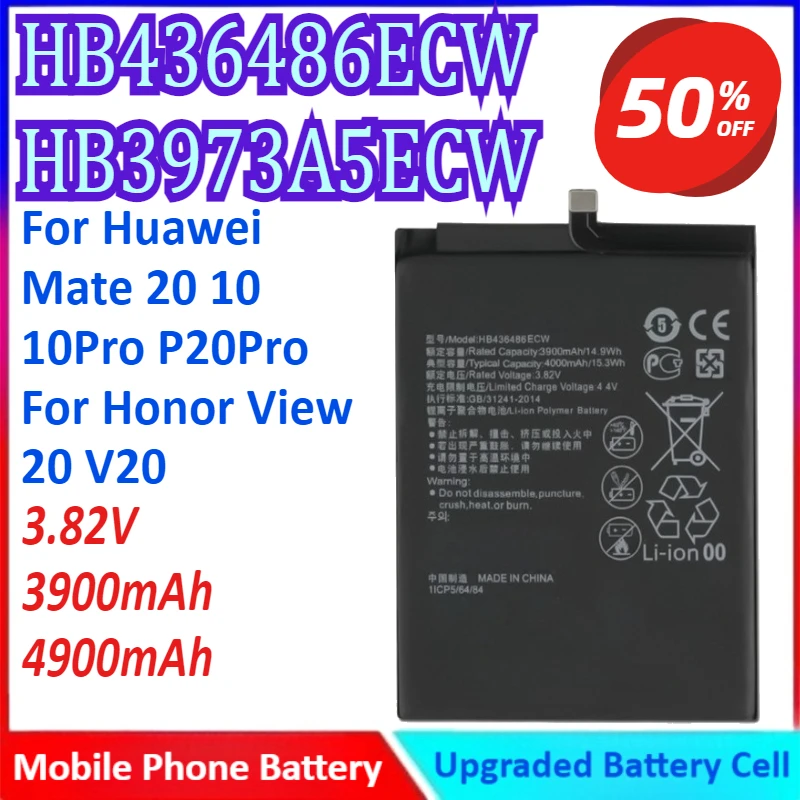 HB436486ECW/ HB3973A5ECW 3.82V 3900mAh/4900mAh Mobile Phone Battery For Huawei Mate 20 10 10Pro/P20 Pro For Honor View 20 V20
HB436486ECW/ HB3973A5ECW 3.82V 3900mAh/4900mAh Mobile Phone Battery For Huawei Mate 20 10 10Pro/P20 Pro For Honor View 20 V20