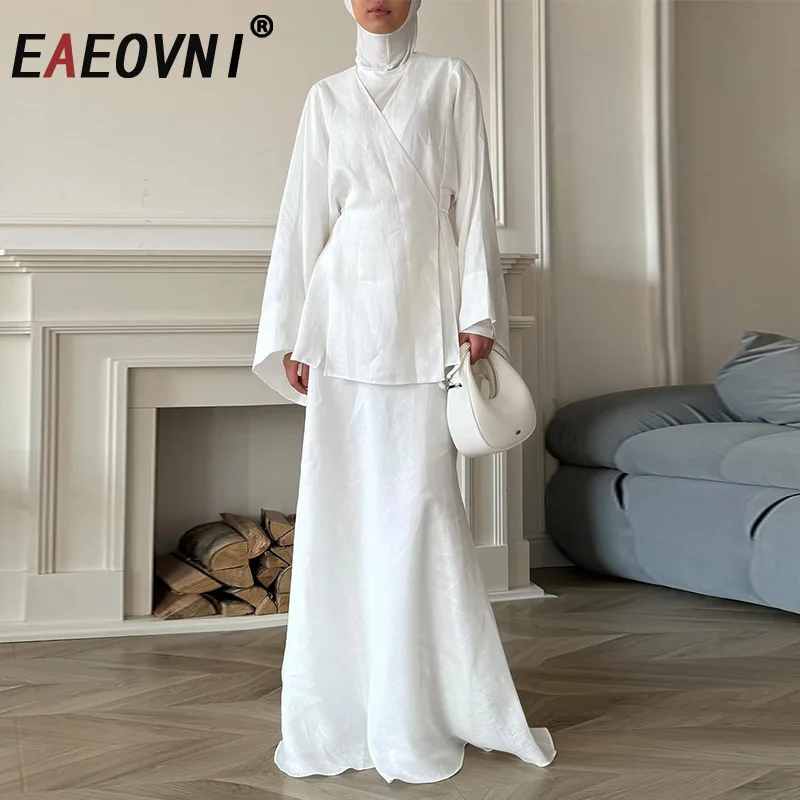 EAEOVNI Elegant Women Two Piece Set V Neck Lace-up Gathered Waist Tops + A Line Long Skirt Solid Fashion 2025 New Clothing
EAEOVNI Elegant Women Two Piece Set V Neck Lace-up Gathered Waist Tops + A Line Long Skirt Solid Fashion 2025 New Clothing