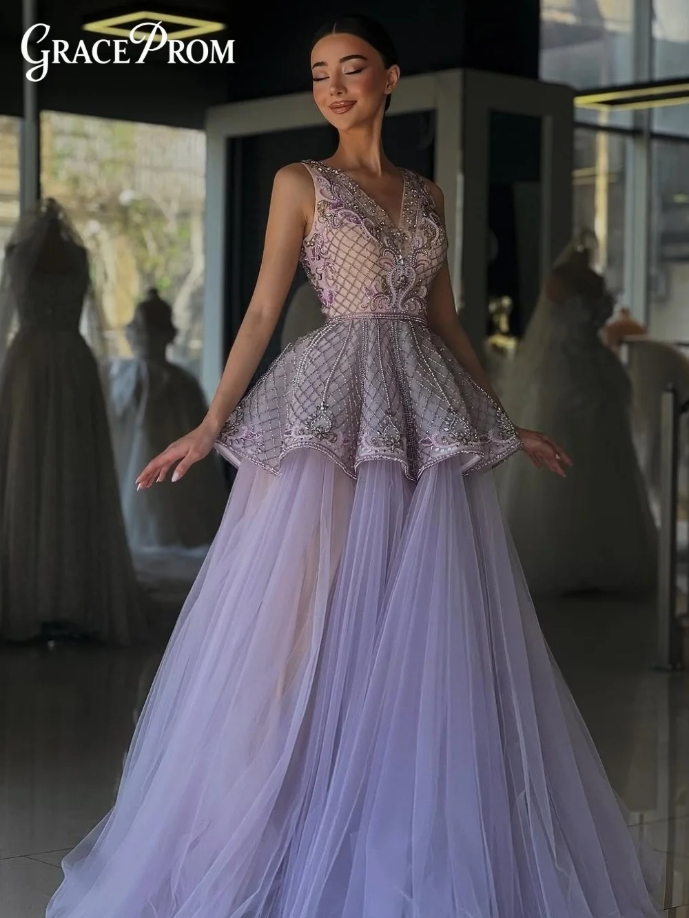 Opulent Lavender Beaded Peplum Party Dress 2026 Tulle Ball Gown V Neck Evening Gown Formal Gown For Wedding Guests فساتين سهرة
Opulent Lavender Beaded Peplum Party Dress 2026 Tulle Ball Gown V Neck Evening Gown Formal Gown For Wedding Guests فساتين سهرة