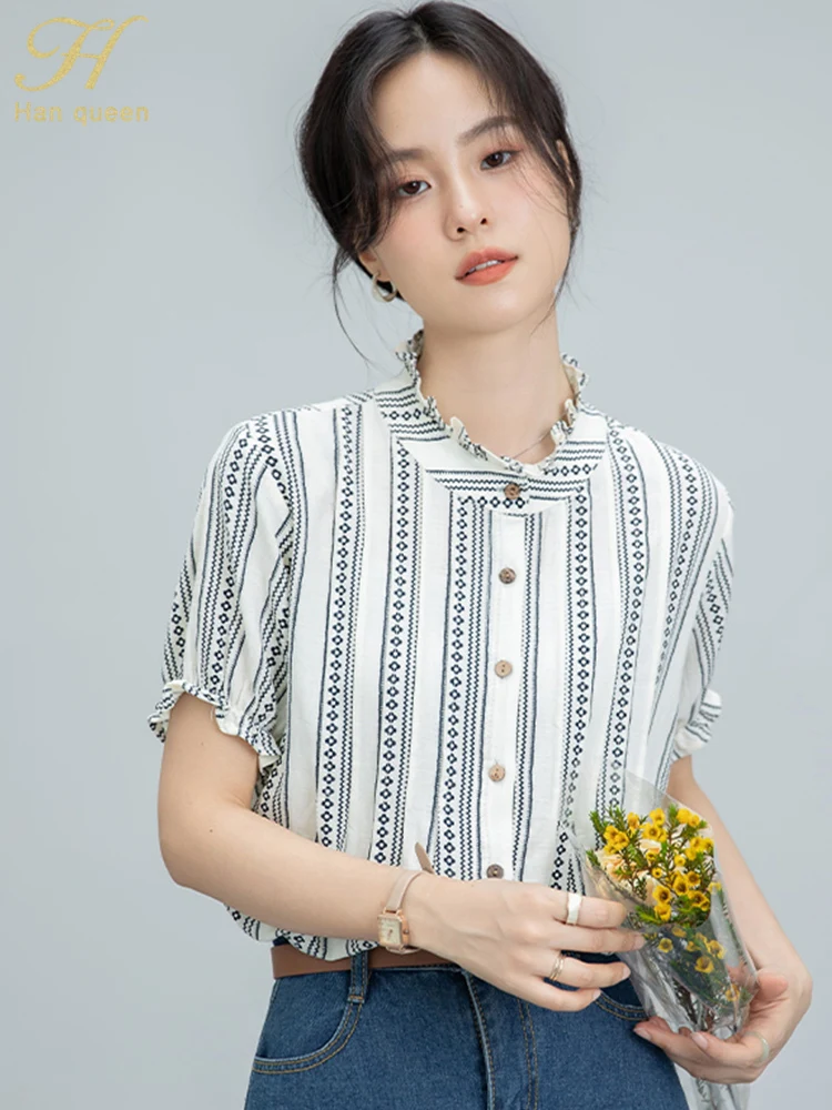 H Han Queen Summer Stripes Simple Office Lady Chiffon Blouse Female Shirts Short Sleeve Tops Casual Korean Loose Blouses Women
H Han Queen Summer Stripes Simple Office Lady Chiffon Blouse Female Shirts Short Sleeve Tops Casual Korean Loose Blouses Women