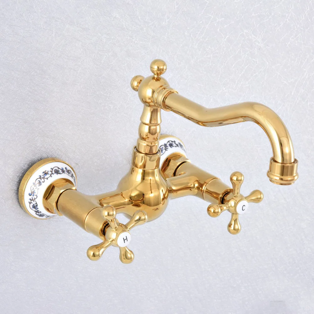 Polished Gold Color Brass Wall Mounted Double Handles Bathroom Kitchen Sink Faucet Mixer Tap Swivel Spout asf619
Polished Gold Color Brass Wall Mounted Double Handles Bathroom Kitchen Sink Faucet Mixer Tap Swivel Spout asf619