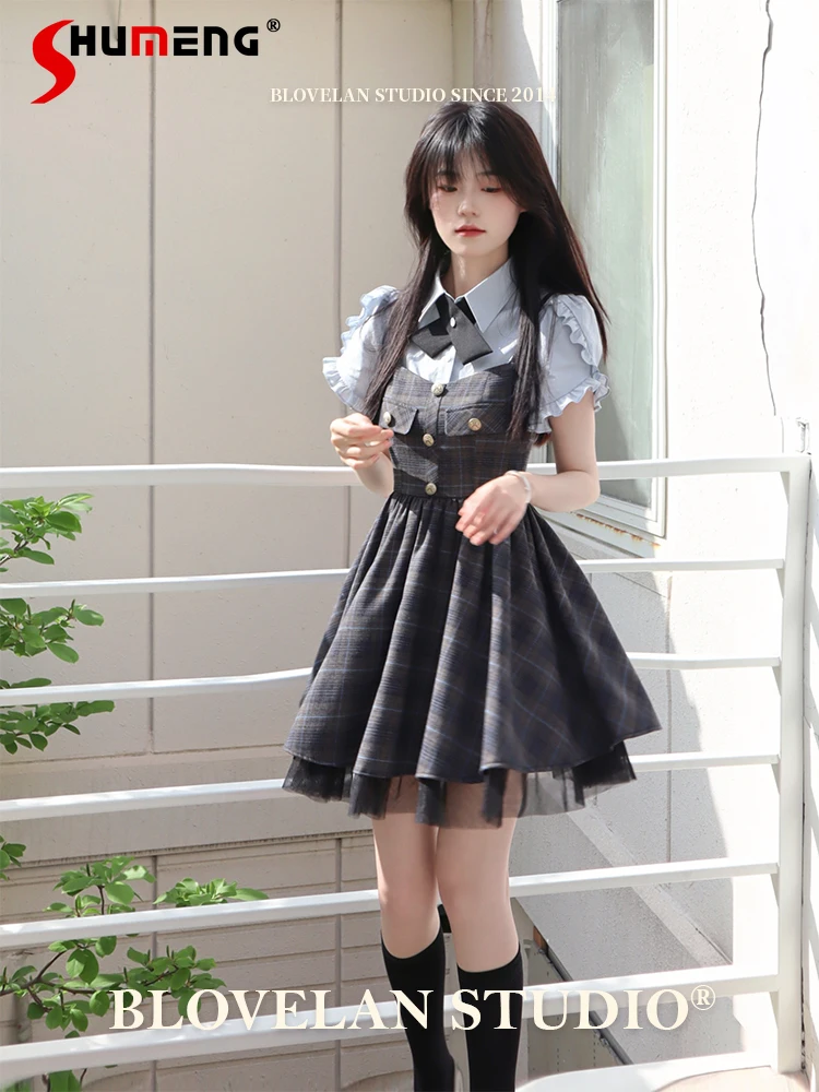 Sweet Preppy Style Outfit Polo Collar Flare Sleeve Top Plaid High Waist Slim A-line Sling Short Dress Two-Piece Set for Women
Sweet Preppy Style Outfit Polo Collar Flare Sleeve Top Plaid High Waist Slim A-line Sling Short Dress Two-Piece Set for Women