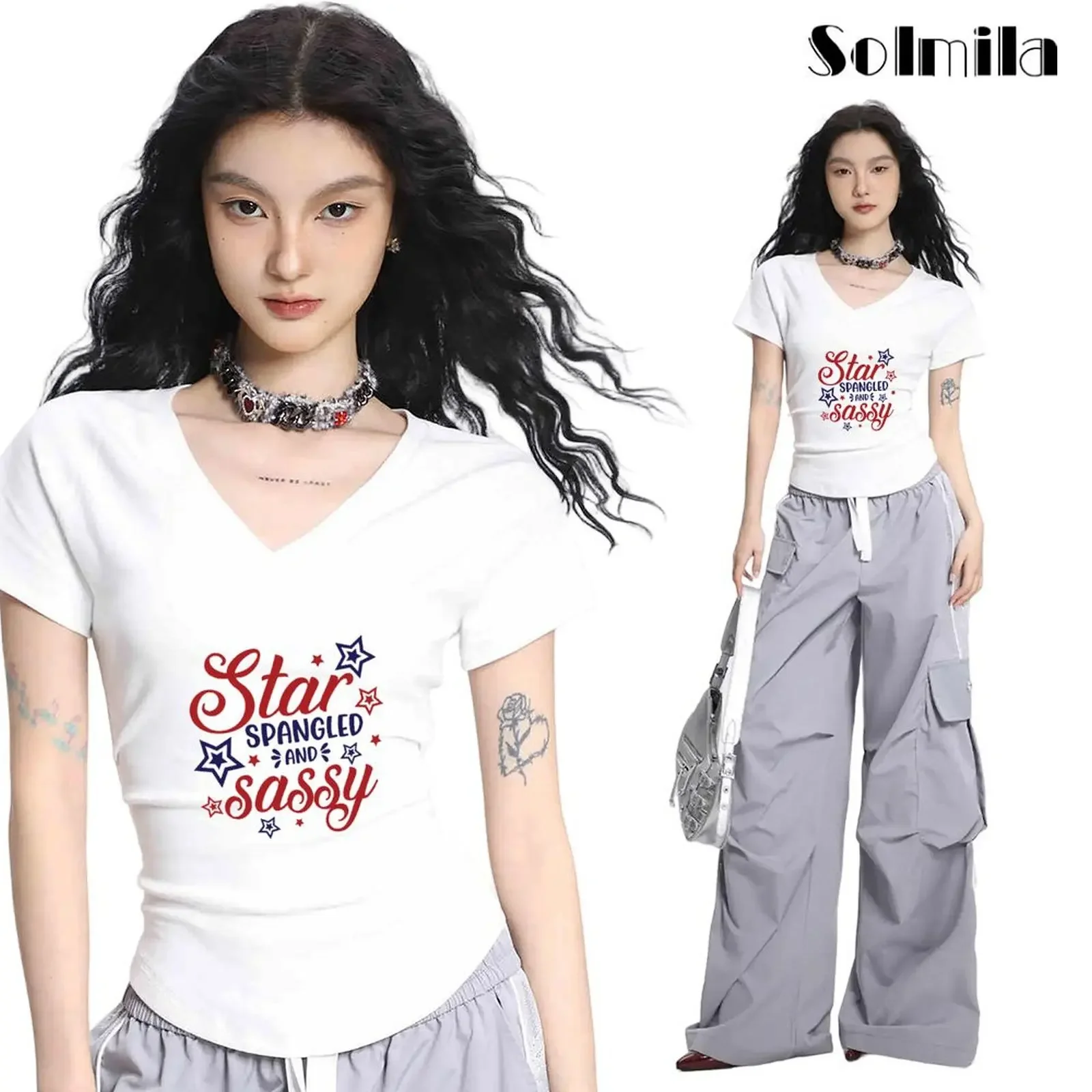 Women English Printed V Neck Slight Strech Comfortable Breathable Tees Side Shirring Casual Summer Fashion Solid Color T-shirt
Women English Printed V Neck Slight Strech Comfortable Breathable Tees Side Shirring Casual Summer Fashion Solid Color T-shirt