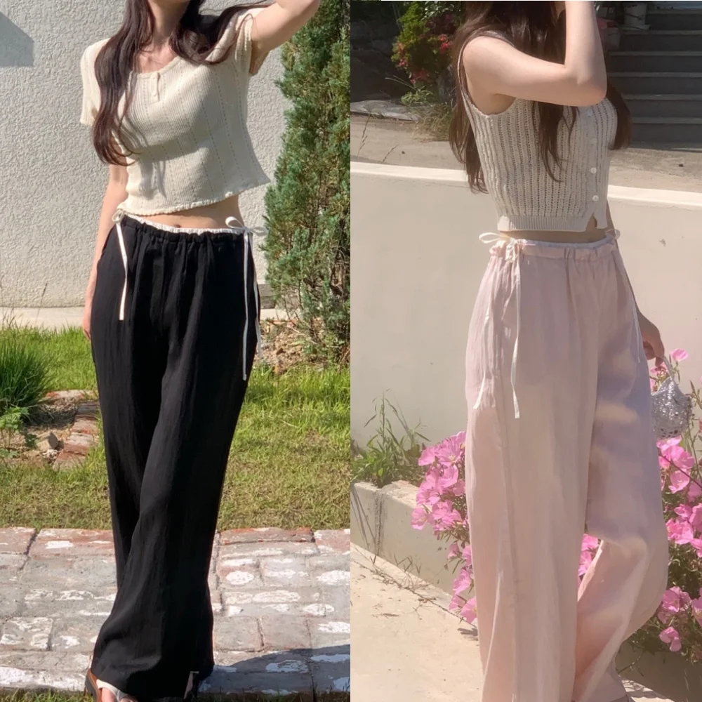 Korean style Bow Tie-Waist Contrast Panel Pants - High Waist Wide Leg Lounge Trousers
Korean style Bow Tie-Waist Contrast Panel Pants - High Waist Wide Leg Lounge Trousers
