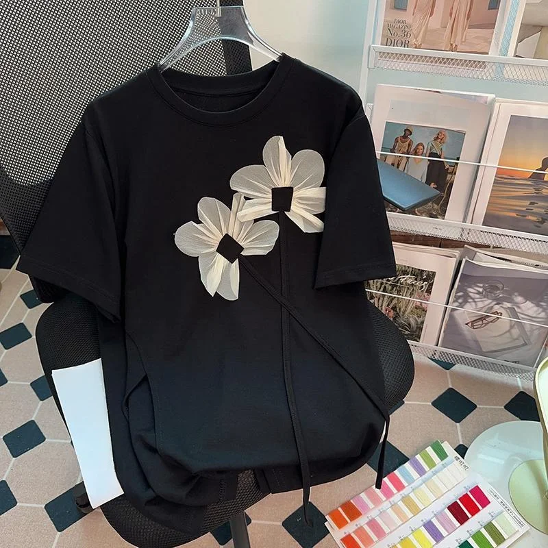 EBAIHUI Summer 3D Flower Decoration Women's T-shirt Round Neck Solid Color Casual Ladies Short Sleeved Tee Loose Korean Top
EBAIHUI Summer 3D Flower Decoration Women's T-shirt Round Neck Solid Color Casual Ladies Short Sleeved Tee Loose Korean Top