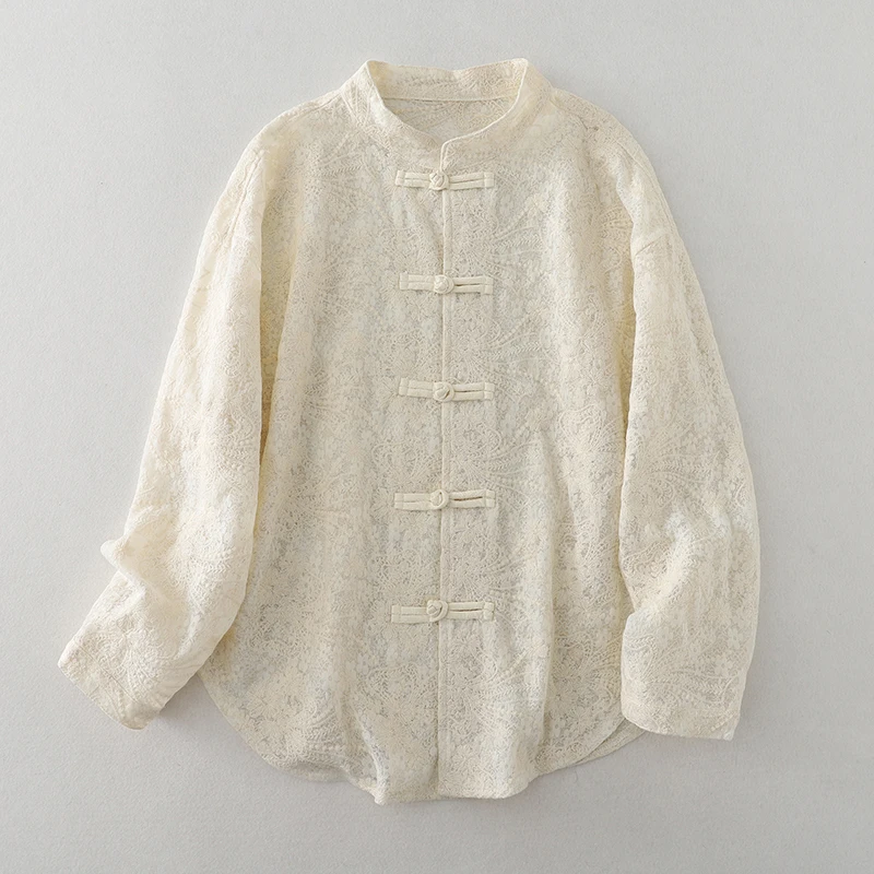 Spring Autumn Sheer Jacquard Beige Lace Shirts Jacket Vintage Button-Front Blouse Top Retro Chinese Style Elegant Lady Cardigan
Spring Autumn Sheer Jacquard Beige Lace Shirts Jacket Vintage Button-Front Blouse Top Retro Chinese Style Elegant Lady Cardigan