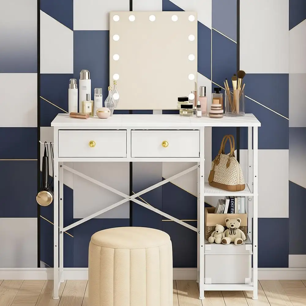 White Vanity Desk Without Mirror for Bedroom, Makeup Desk with 2 Fabric Drawers, Vanity Desk with Iron Hook, 36 Inches Vanity wi
White Vanity Desk Without Mirror for Bedroom, Makeup Desk with 2 Fabric Drawers, Vanity Desk with Iron Hook, 36 Inches Vanity wi