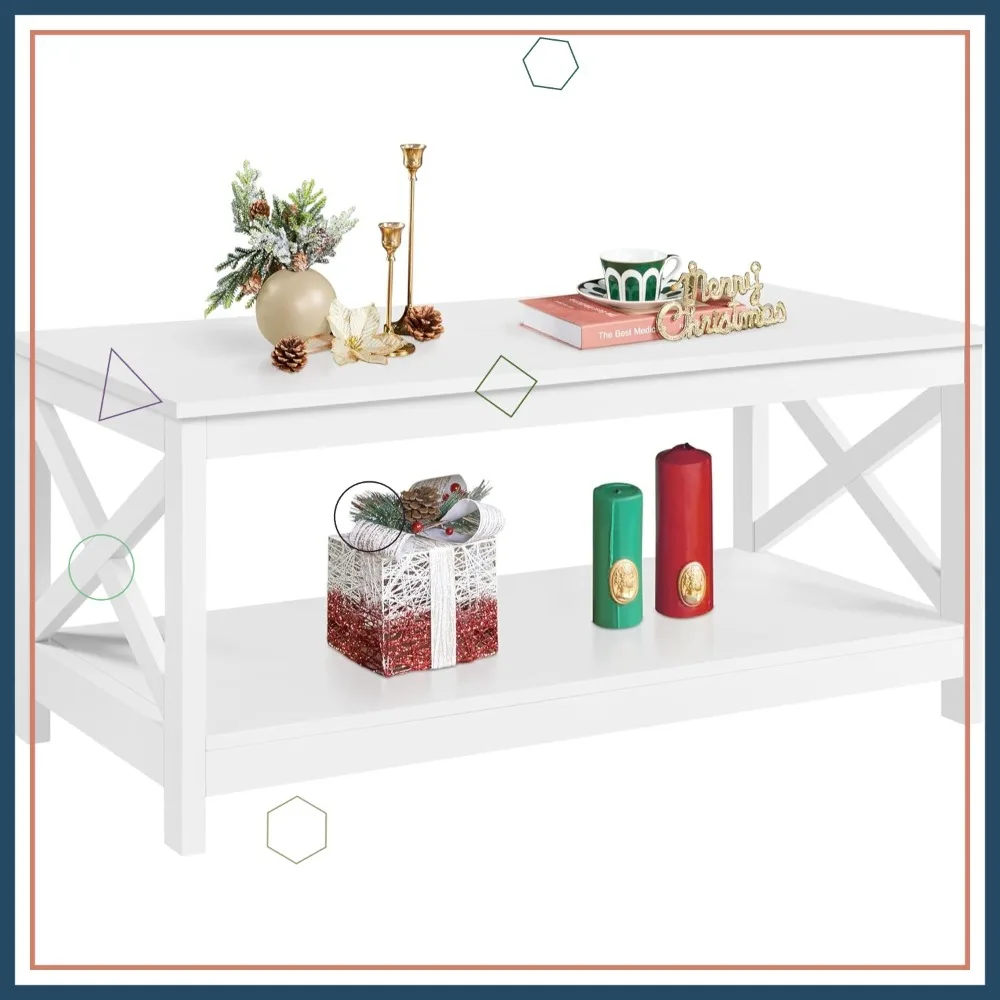 White 2-Tier Coffee Table with Storage Shelf, X-Design Accent Furniture for Living Room, 39.5x20x18 Inches
White 2-Tier Coffee Table with Storage Shelf, X-Design Accent Furniture for Living Room, 39.5x20x18 Inches