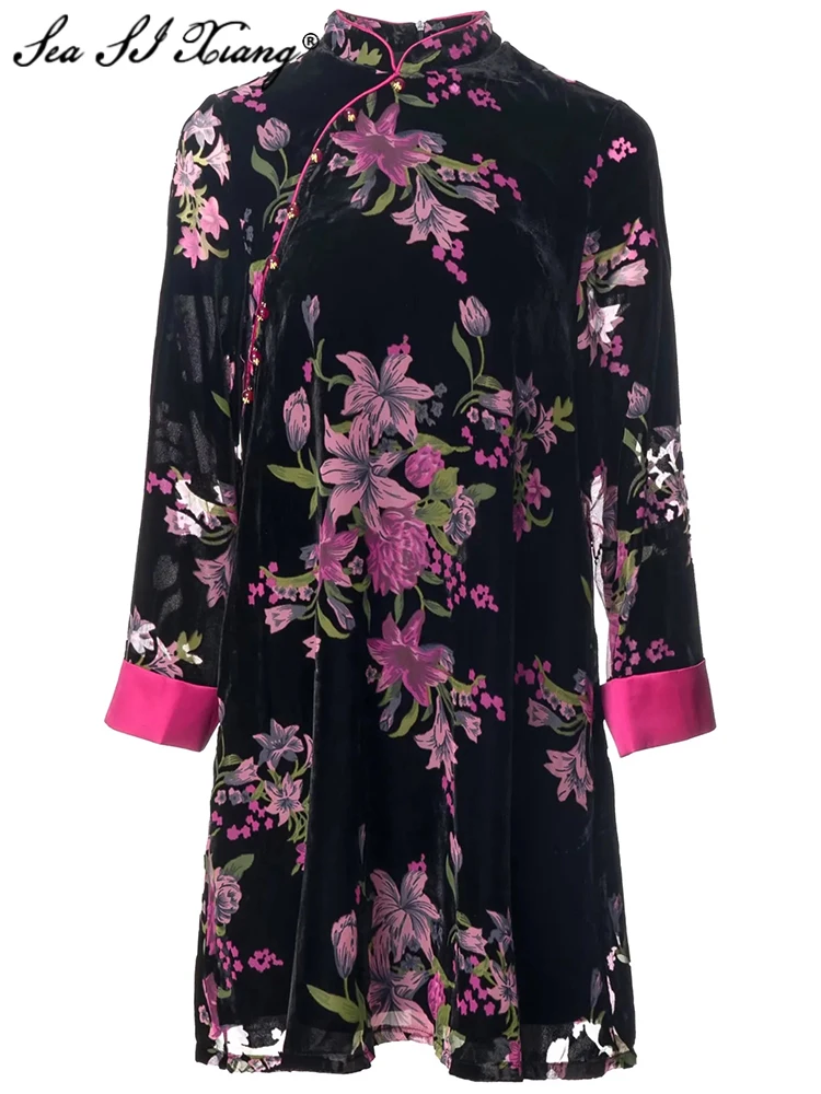 Seasixiang Fashion Designer Spring Loose Velvet Dress Women Square Collar Long Sleeve Beading Floral Print Chinese Style Dress
Seasixiang Fashion Designer Spring Loose Velvet Dress Women Square Collar Long Sleeve Beading Floral Print Chinese Style Dress
