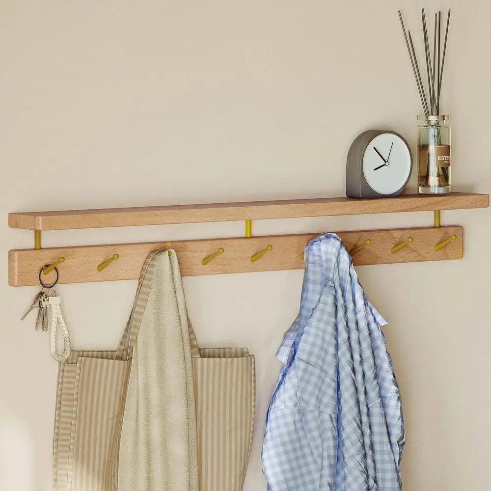 Natural Wooden Wall-Mounted Coat Rack with 9 Brass Hooks for Hats, Clothes, and Towels
Natural Wooden Wall-Mounted Coat Rack with 9 Brass Hooks for Hats, Clothes, and Towels