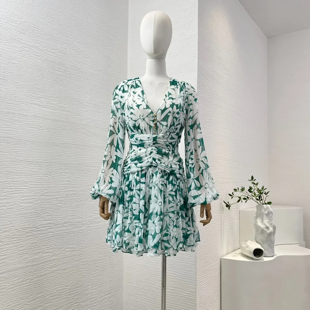 2024 Spring Summer Green Floral Print Long Lantern Sleeve Pleat Ruched High Quality V-Neck Vintage New Women's Mini Dress
2024 Spring Summer Green Floral Print Long Lantern Sleeve Pleat Ruched High Quality V-Neck Vintage New Women's Mini Dress