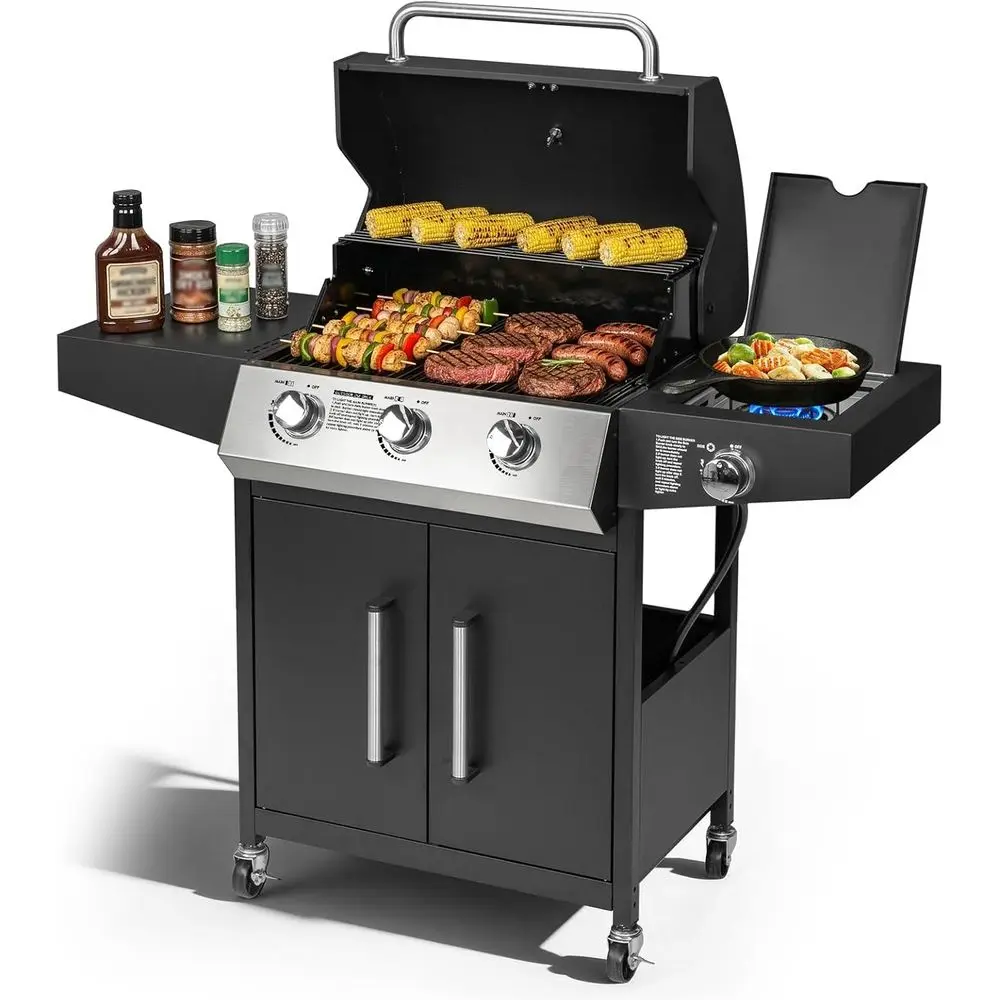 3-Burner Propane Grill with Side Burner, Porcelain-Enameled Grates, 46000 BTU, Portable with Wheels, Outdoor BBQ for Patio and B
3-Burner Propane Grill with Side Burner, Porcelain-Enameled Grates, 46000 BTU, Portable with Wheels, Outdoor BBQ for Patio and B