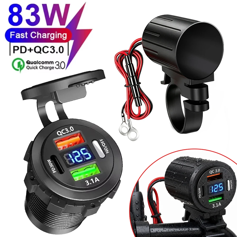 83W Motorcycle USB Fast Charger Waterproof with Voltmeter Switch PD QC3.0 Handlebar Motorbike Charging Socket 12V Power Adapter
83W Motorcycle USB Fast Charger Waterproof with Voltmeter Switch PD QC3.0 Handlebar Motorbike Charging Socket 12V Power Adapter
