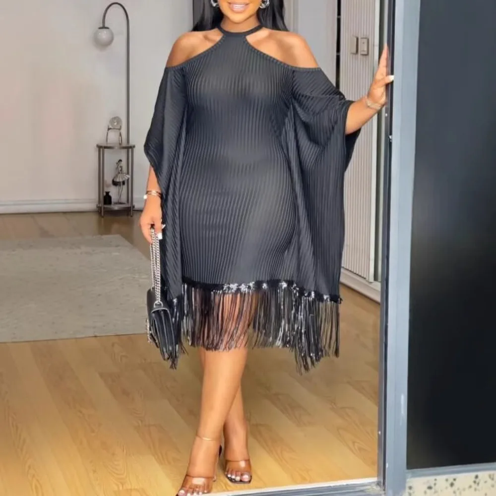 Elegant Women's Off The Shoulder Dress Batwing Sleeve Tassels Sequins Bodycon Dress Spring Summer Black Midi Dress for Women
Elegant Women's Off The Shoulder Dress Batwing Sleeve Tassels Sequins Bodycon Dress Spring Summer Black Midi Dress for Women
