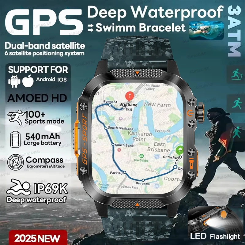 Outdoors NEW Built-in Dual-band GNSS Military GPS SmartWatch Men Compass Altimeter Waterproof LED Flashlight HD Call Sport Watch
Outdoors NEW Built-in Dual-band GNSS Military GPS SmartWatch Men Compass Altimeter Waterproof LED Flashlight HD Call Sport Watch