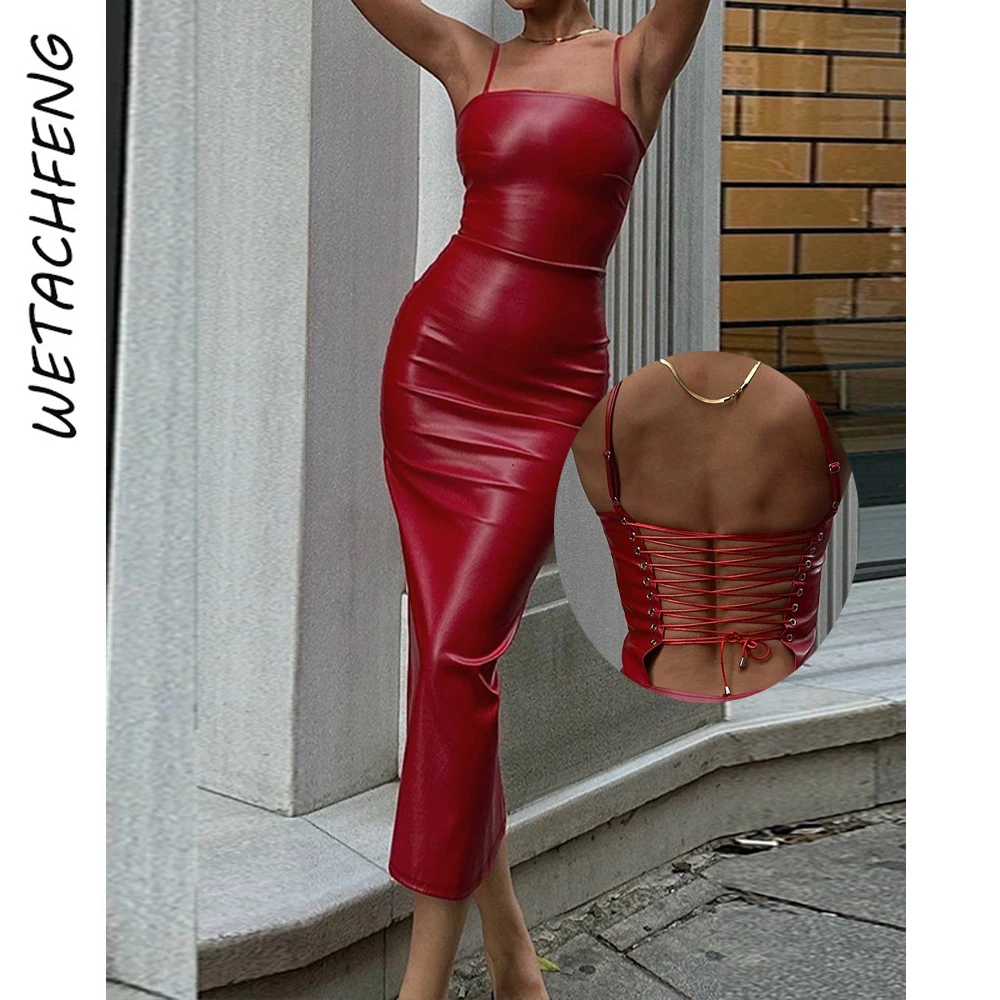 Autumn Sexy PU Leather Bodycon Backless Lace Up Split Black Red Long Suspender Dress Fashion 2024 Elegant Party Evening Dresses
Autumn Sexy PU Leather Bodycon Backless Lace Up Split Black Red Long Suspender Dress Fashion 2024 Elegant Party Evening Dresses