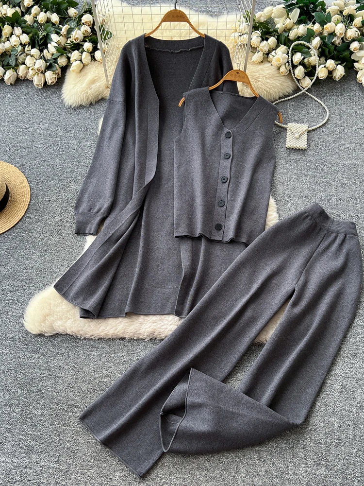 Свободный вязаный свитер средней длины, открытый кардиган, жилет с v-образным вырезом и высокой талией, широкие брюки, комплект, повседневный свободный крой 
Свободный вязаный свитер средней длины, открытый кардиган, жилет с v-образным вырезом и высокой талией, широкие брюки, комплект, повседневный свободный крой