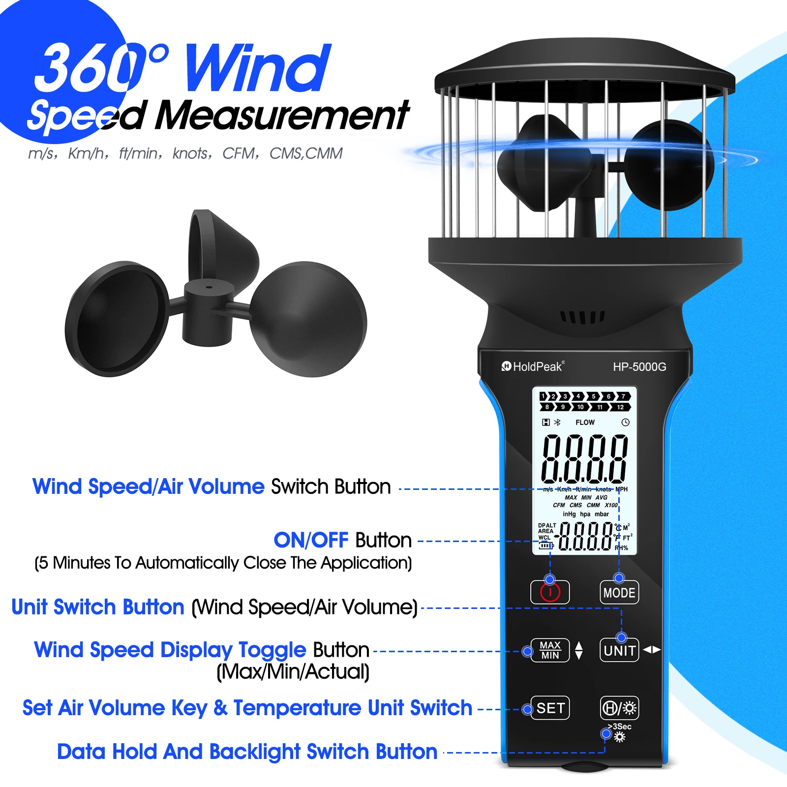 HP-5000G Anemometer Compact Waterproof Digital Wind Speed & Volume Meter with Touch Controls Backlight and Rechargeable Battery
HP-5000G Anemometer Compact Waterproof Digital Wind Speed & Volume Meter with Touch Controls Backlight and Rechargeable Battery