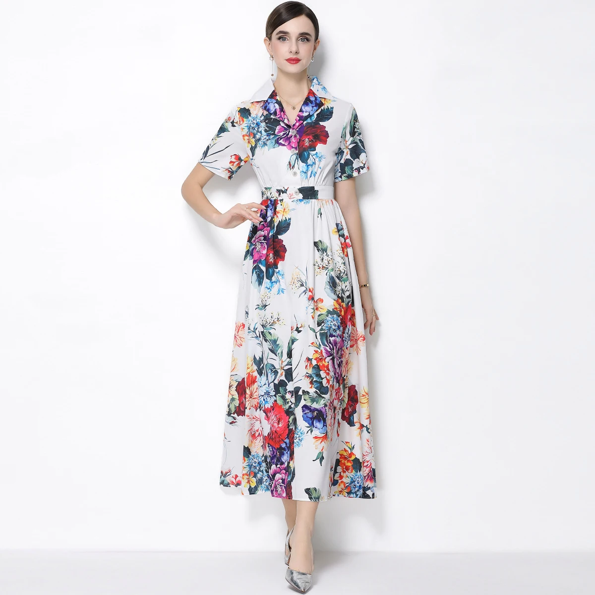 Runway 2026 Summer Gorgeous Flower Maxi Dress Shirt Women's Turn Down Neck Short Sleeve Floral Print Long Party Vestidos Lady
Runway 2026 Summer Gorgeous Flower Maxi Dress Shirt Women's Turn Down Neck Short Sleeve Floral Print Long Party Vestidos Lady