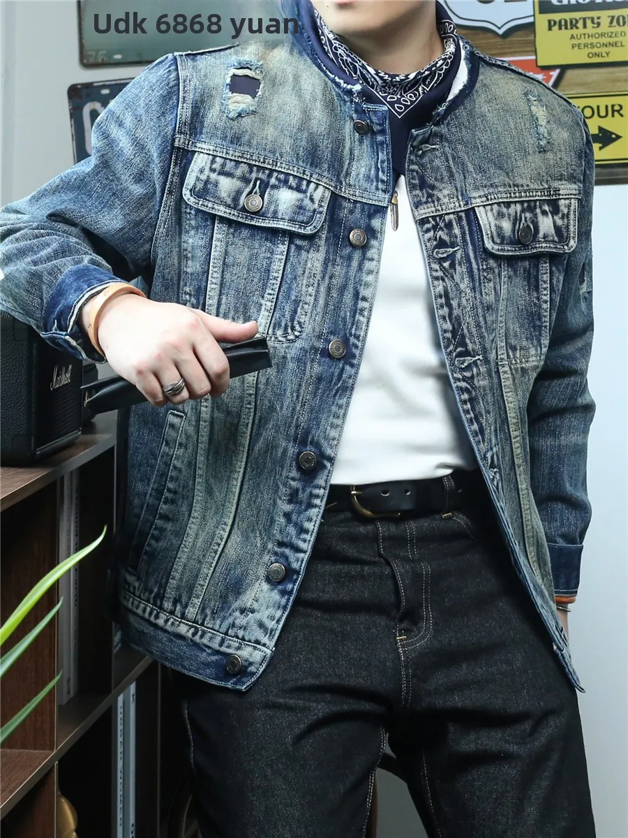Heavyweight round Ne Denim Jaet Vintage Waed Ripped Patch No Collar Spring Autumn Men's Outerwear Long Sve ort Length
Heavyweight round Ne Denim Jaet Vintage Waed Ripped Patch No Collar Spring Autumn Men's Outerwear Long Sve ort Length