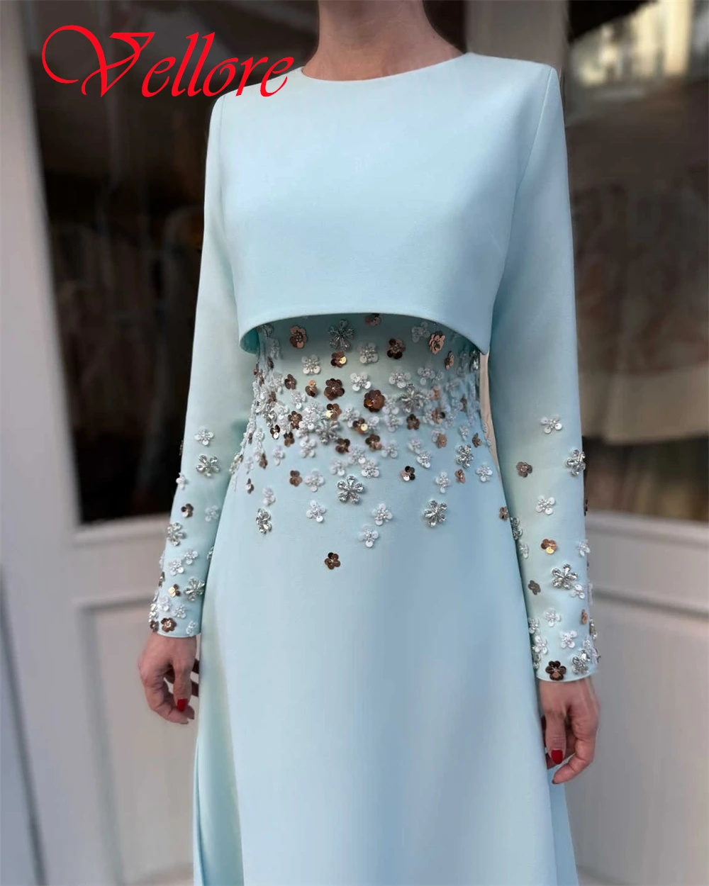 Customized Exquisite Blue Jersey Evening Dress Temperament Crew Neck Long Sleeves Celebrity Gowns Classic Zipper Back Prom Dress 
Customized Exquisite Blue Jersey Evening Dress Temperament Crew Neck Long Sleeves Celebrity Gowns Classic Zipper Back Prom Dress