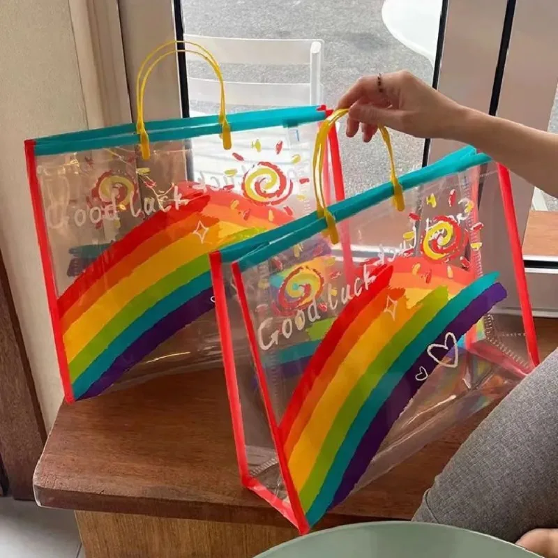 10pcs Plastic Transparent Tote Bag Colorful Border with Rainbow Print Casual Daily Bag
10pcs Plastic Transparent Tote Bag Colorful Border with Rainbow Print Casual Daily Bag