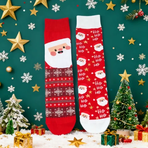 1 paire de chaussettes de Noël en édition limitée : Smiley Santa + slogan «HO HO », chaussettes mi-mollet créatives et élégantes pour unisexe