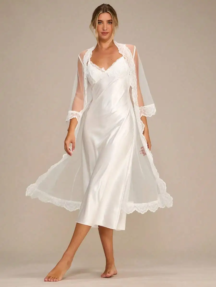 Elegant White Lace Cami Sleep Dress With Sheer Jacket For Women
Elegant White Lace Cami Sleep Dress With Sheer Jacket For Women