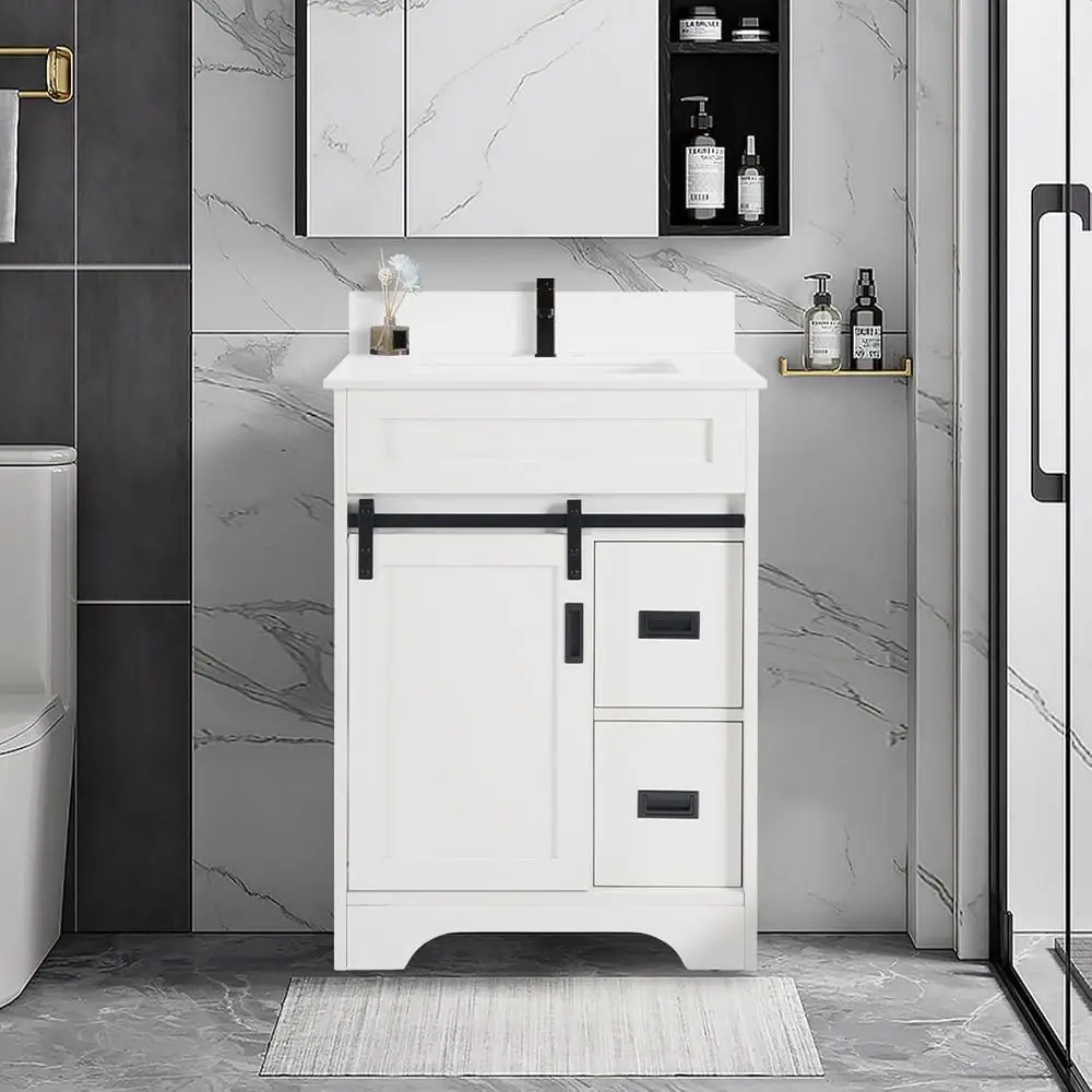 24 Inch White Freestanding Bathroom Vanity Set with Sink, Sliding Barn Door, and 2 Drawers
24 Inch White Freestanding Bathroom Vanity Set with Sink, Sliding Barn Door, and 2 Drawers