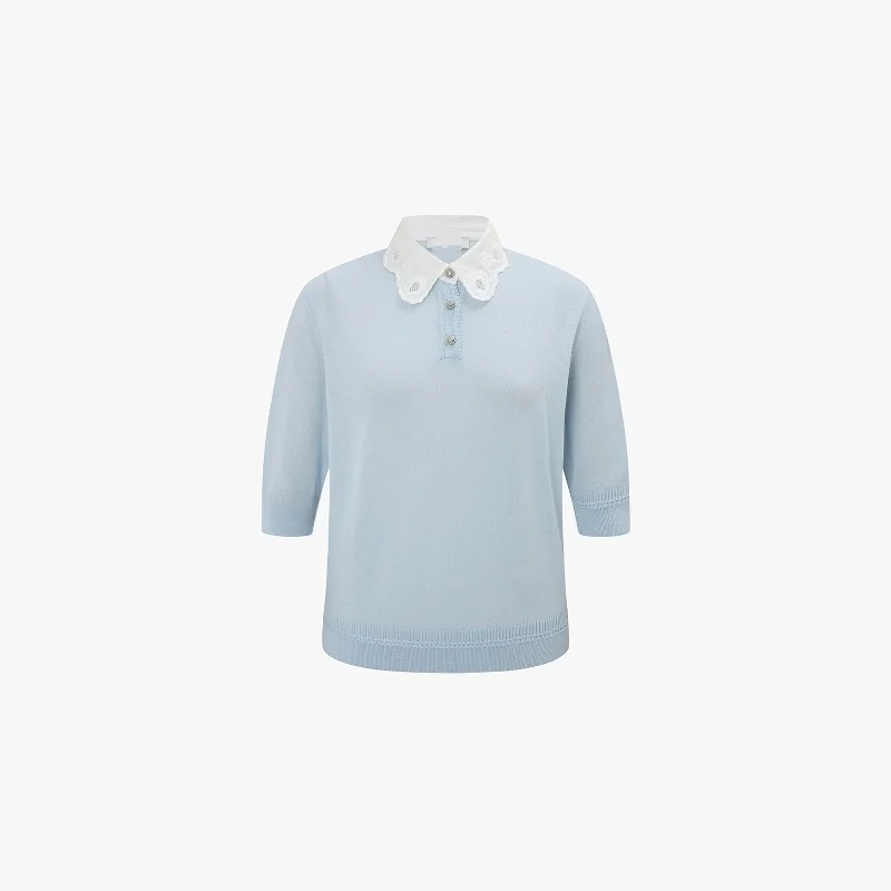 Korean Style Commute Breathable Short Sleeve Knitted Top Embroidered Lace Hollow out Collar Versatile Cool Airy Summer Fashion
Korean Style Commute Breathable Short Sleeve Knitted Top Embroidered Lace Hollow out Collar Versatile Cool Airy Summer Fashion