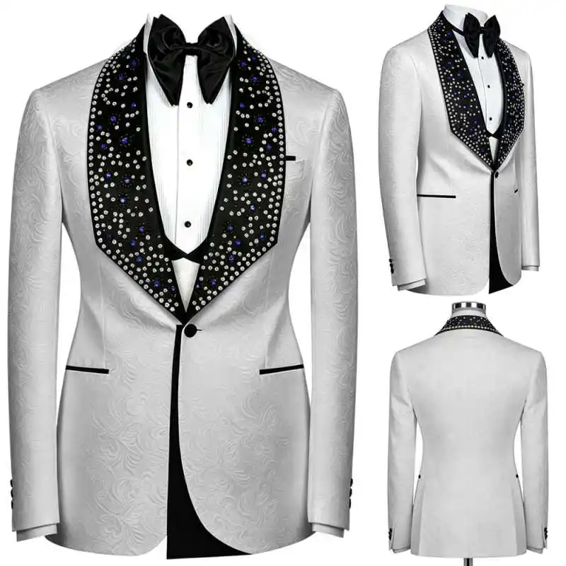 Elegant Rhinestone Men's Formal Tuxedo Jacket Single-Breasted Embossed Trim Wedding Occasion Suit Jaqueta Masculina Customized
Elegant Rhinestone Men's Formal Tuxedo Jacket Single-Breasted Embossed Trim Wedding Occasion Suit Jaqueta Masculina Customized