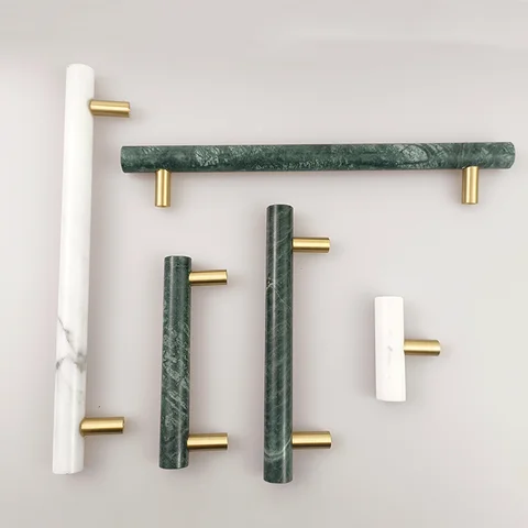 Green White Marble Cabinet Handle Natural Stone Handle for Wardrobe Pastoralism Furniture Pull Bar Drawer Knobs with Brass Foot
