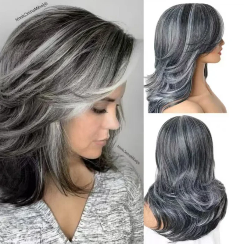European and American style women's with bangs, long layered gray synthetic medium-length hair wig
European and American style women's with bangs, long layered gray synthetic medium-length hair wig