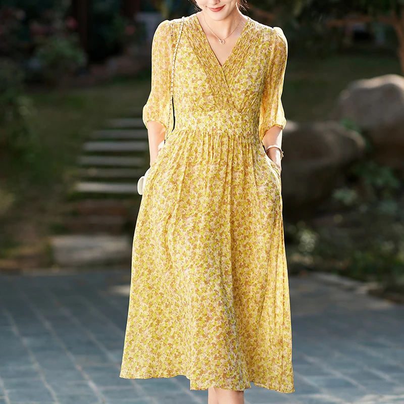 Summer Fashion Dresses For Women 2024 Elegant Chic V-neck High Waist Women's Floral Print Dress 100% Real Silk Long Midi Dress
Summer Fashion Dresses For Women 2024 Elegant Chic V-neck High Waist Women's Floral Print Dress 100% Real Silk Long Midi Dress