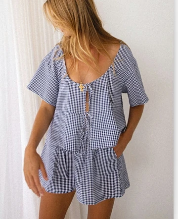 Women 2 Piece Outfits Plaid Print Tie Front Short Sleeve T-Shirt and Elastic Shorts Club Streetwear Fashion Clothes
Women 2 Piece Outfits Plaid Print Tie Front Short Sleeve T-Shirt and Elastic Shorts Club Streetwear Fashion Clothes