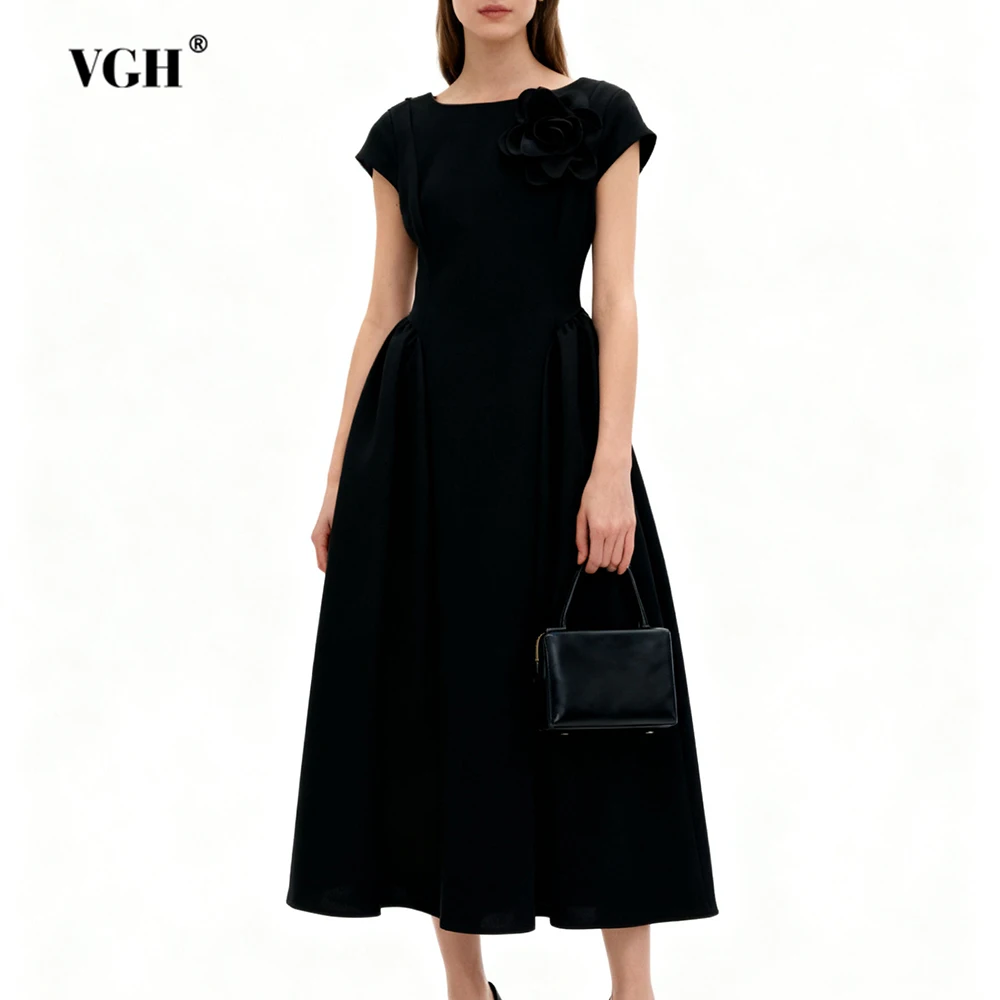 VGH Elegant Spliced Appliques Solid Dresses For Women Round Neck Short Sleeve High Waist Draped Chic Dress Female Fashion New
VGH Elegant Spliced Appliques Solid Dresses For Women Round Neck Short Sleeve High Waist Draped Chic Dress Female Fashion New