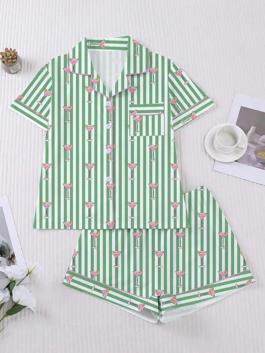 2pcs Women Pajama Set Green Striped Martini Glass Print Short Sleeve Shirt Collar Top And Elastic Waist Shorts
2pcs Women Pajama Set Green Striped Martini Glass Print Short Sleeve Shirt Collar Top And Elastic Waist Shorts