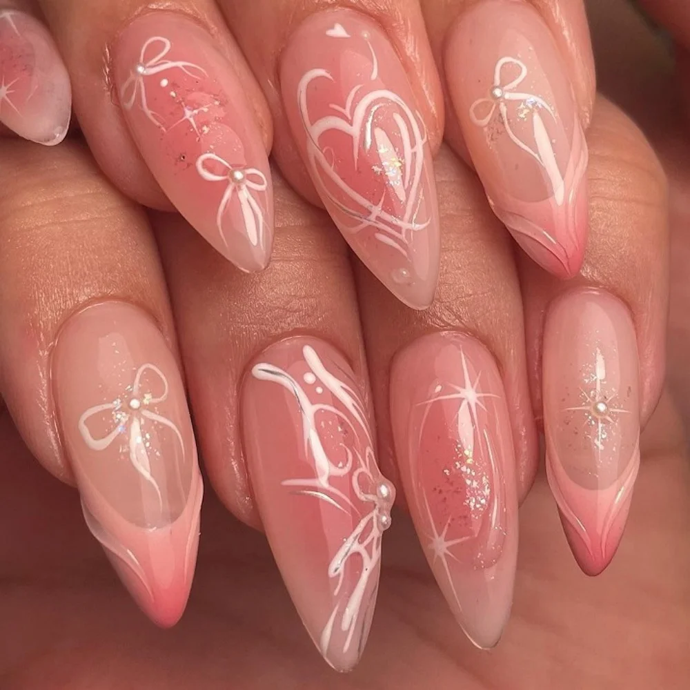 24pcs Long Almond False Nails Pink Gradient Bow Design Stick on Fake Nail Reusable Glitter Press on Nails Sets Acrylic Finished
24pcs Long Almond False Nails Pink Gradient Bow Design Stick on Fake Nail Reusable Glitter Press on Nails Sets Acrylic Finished